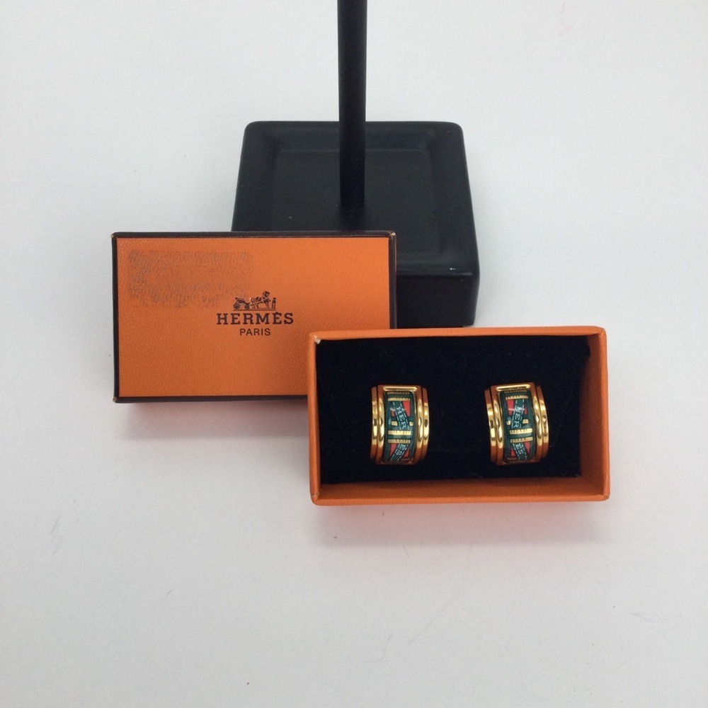 Hermes Vintage Cloisonne' Luxury Enamel Gold Tone Clip on Earrings - Picture 7 of 7